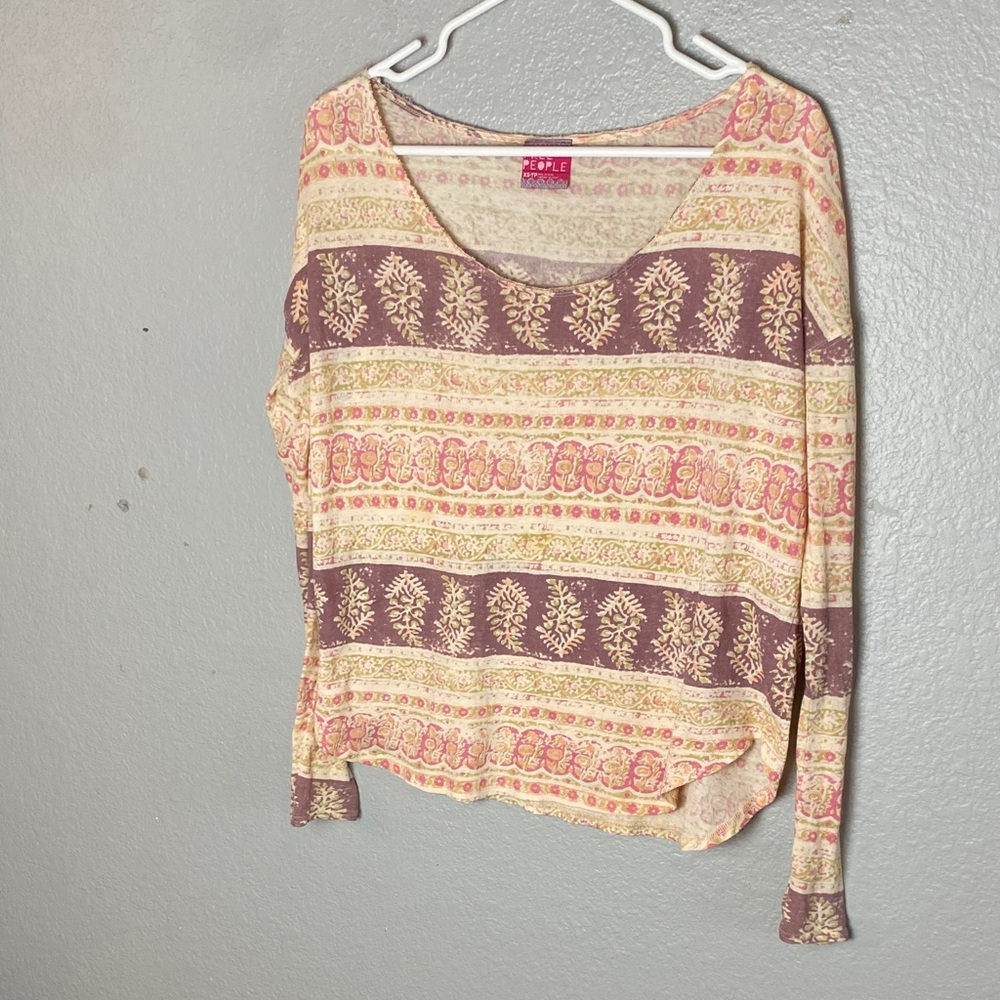 Free People Bohemian Long Sleeve Top - Cream and plum